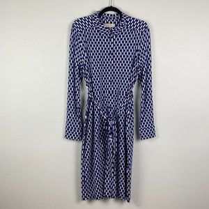 Hobbs London Shirt Dress US Size 12 Blue White Tie Waist Button Up Long Sleeve